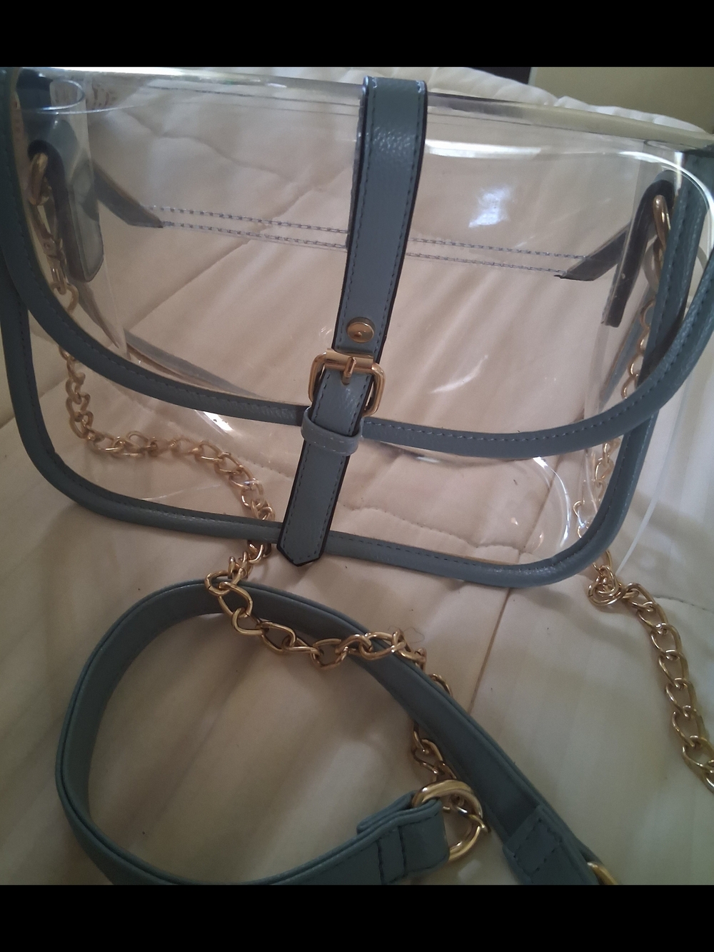 Transparent Crossbody Bag with Blue Trim and Gold Chain Strap